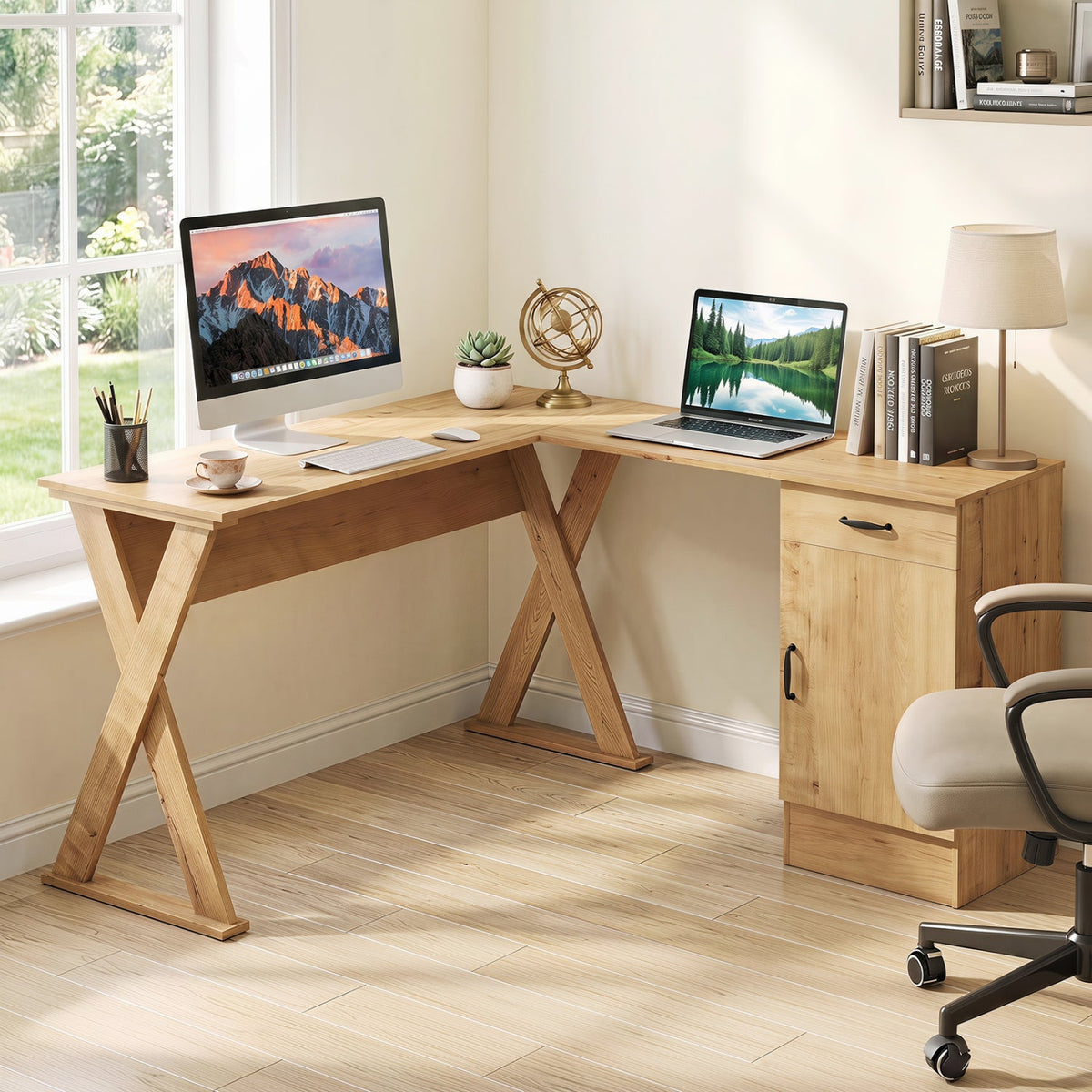 L-Shaped Computer Desk with Reversible Drawer and Cabinet 1