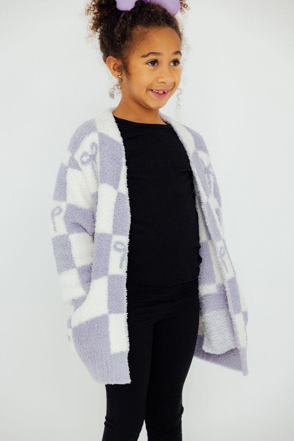 Lavender Checker Bow Cozy Cardigan 3