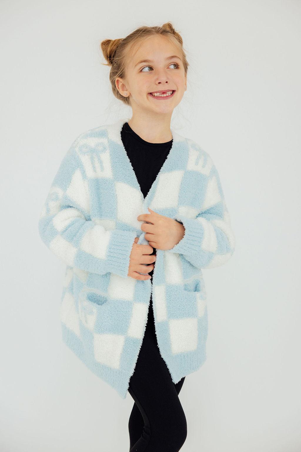 Light Blue Checker Bow Cozy Cardigan 3