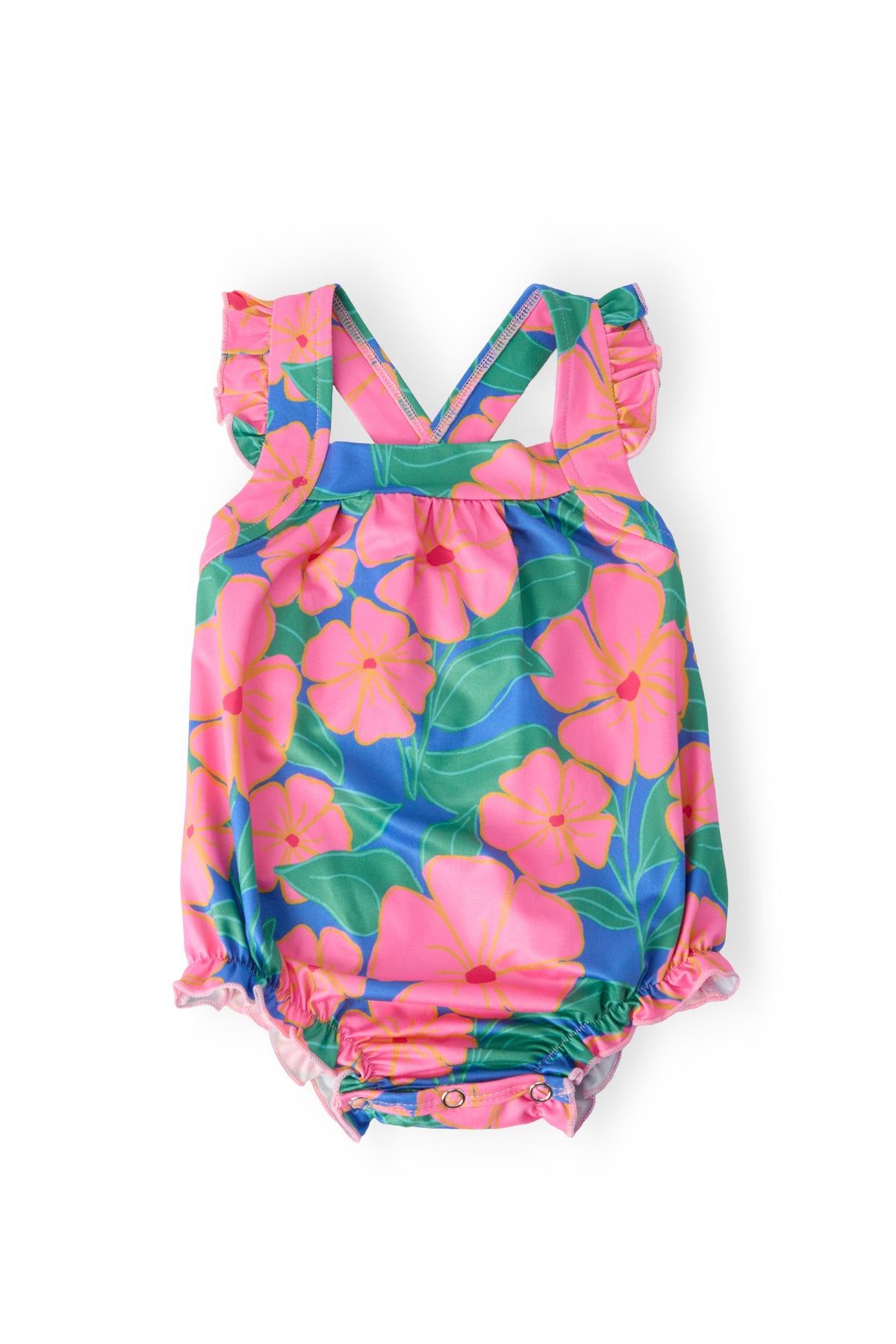 Luau Floral Ruffle Cross Back Romper 1