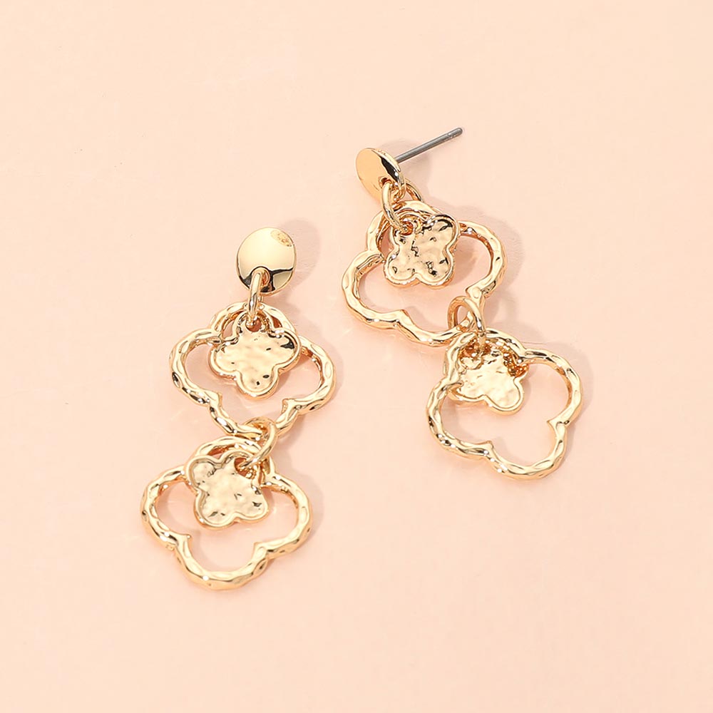 Hammered Metal Double Quatrefoil Link Drop Earrings 1