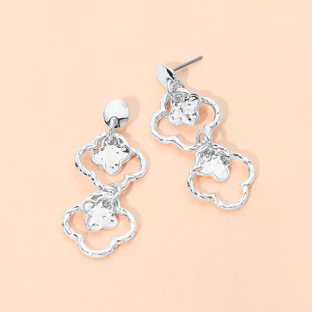 Hammered Metal Double Quatrefoil Link Drop Earrings 2