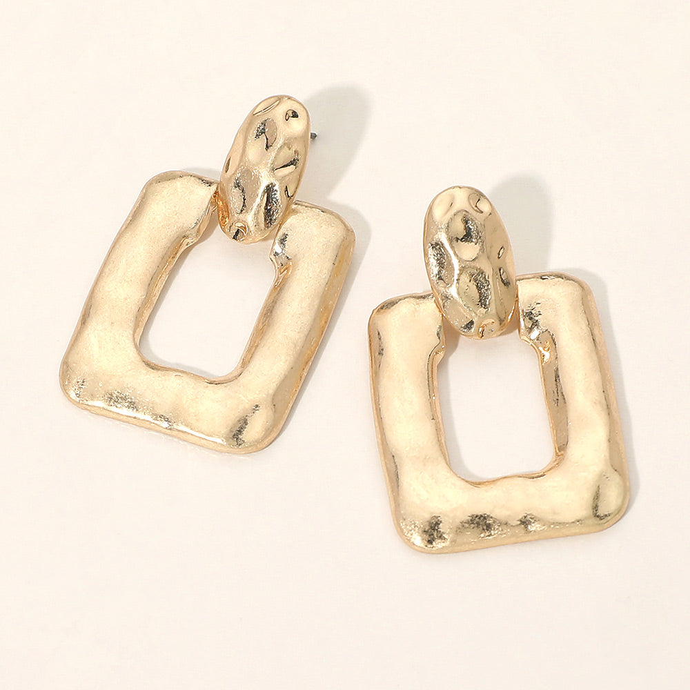 Hammered Metal Sculpted Square Door Knocker Statement Earrings 1