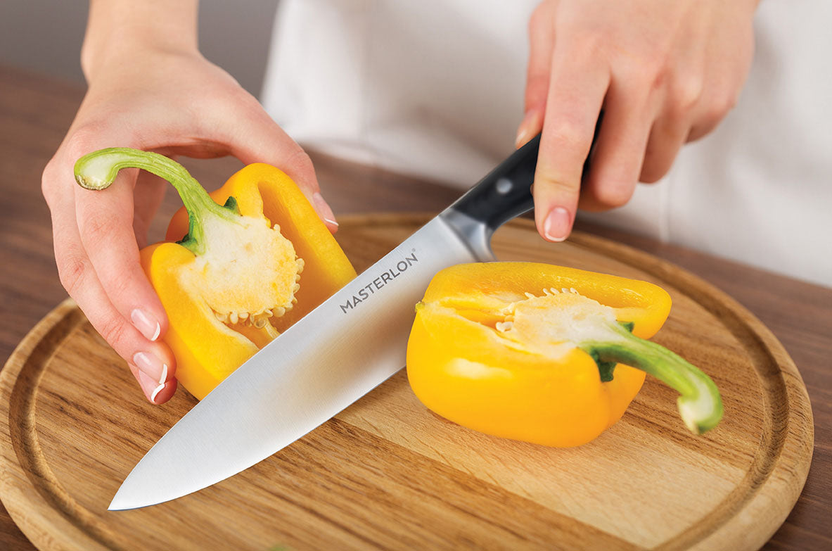 MASTERPAN Essential Chef’s Knife Bundle - 8" Chef’s Knife, 8" Slicer Knife & 7" Santoku Knife - Stainless Steel Blades with Protective Covers 2