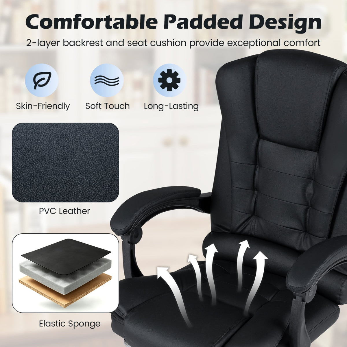 Massage Office Chair with Footrest & Reclining Backrest 6