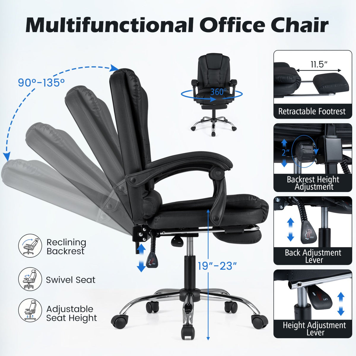 Massage Office Chair with Footrest & Reclining Backrest 7