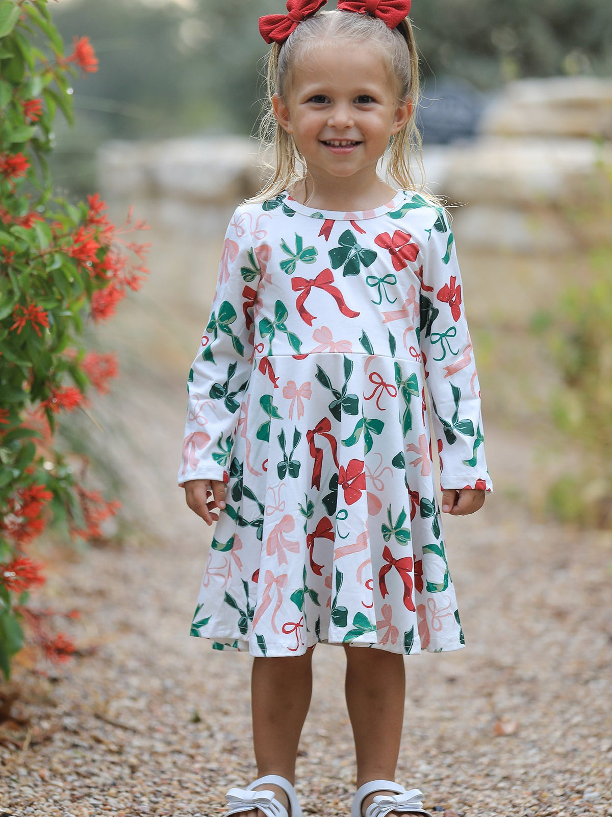 Girls Christmas Bow Print Dress 5