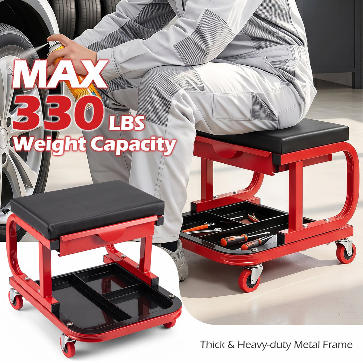 Mechanic Rolling Stool with Tool Trays and Magnetic Drawer 7