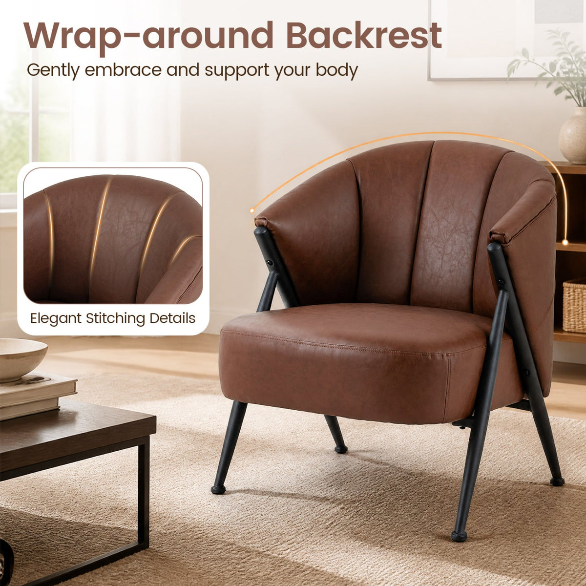 Mid Century Accent Chair with Curved Backrest - Brown 7