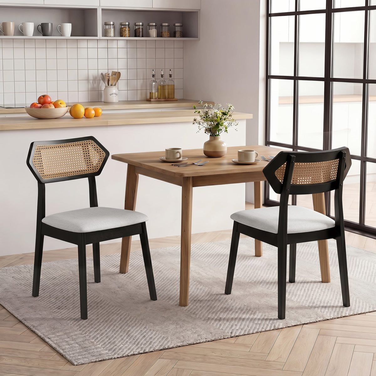 Mid Century Rattan Dining Chairs Set of 2 with Wood Frame 1