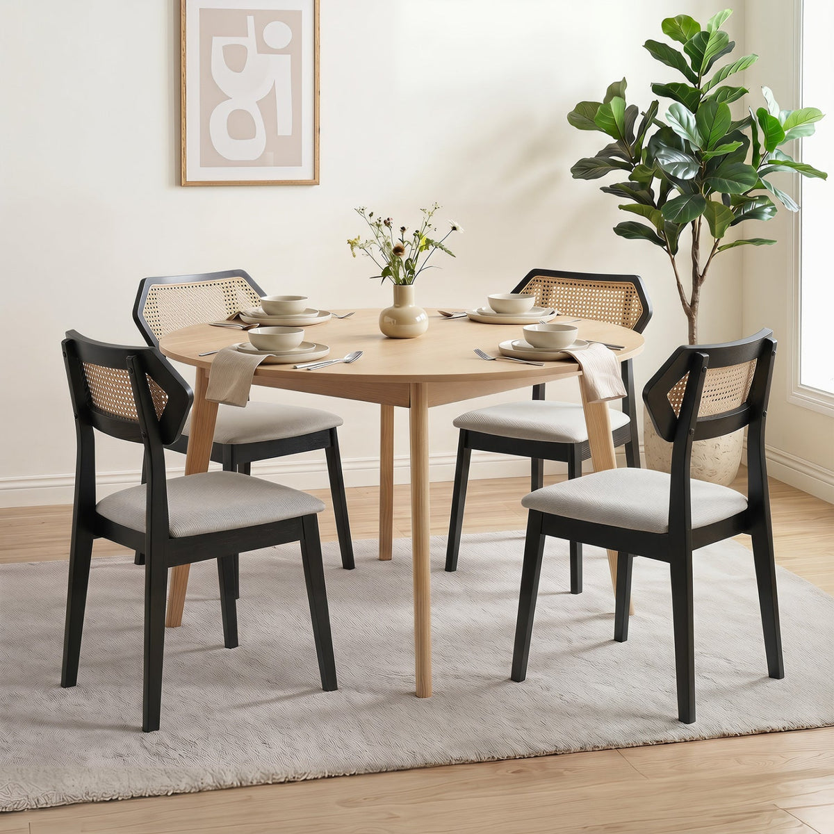 Mid Century Rattan Dining Chairs Set of 2 with Wood Frame 2