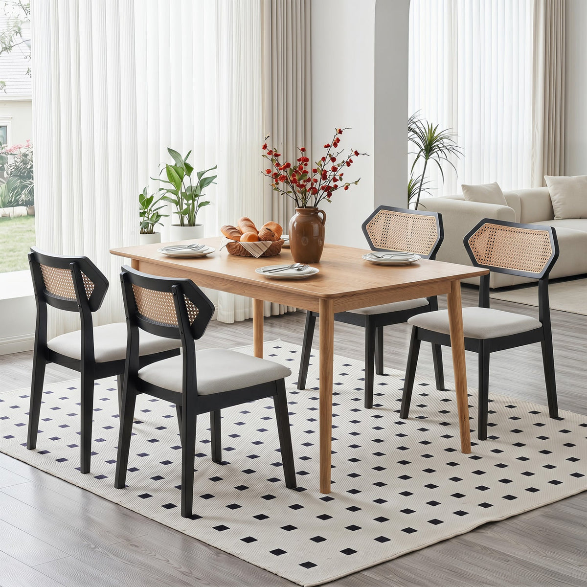 Mid Century Rattan Dining Chairs Set of 2 with Wood Frame 5