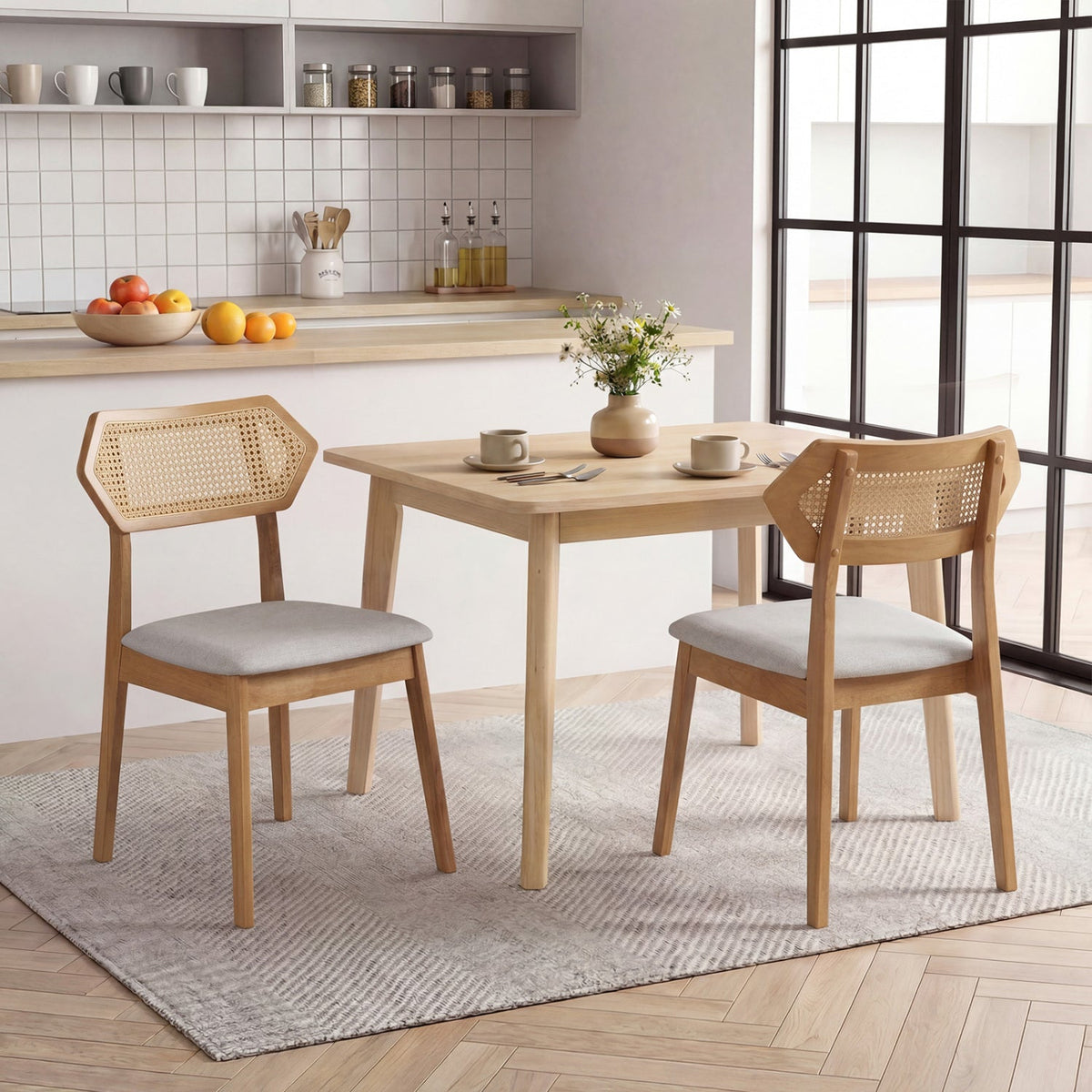 Mid Century Rattan Dining Chairs Set of 2 with Wood Frame 9
