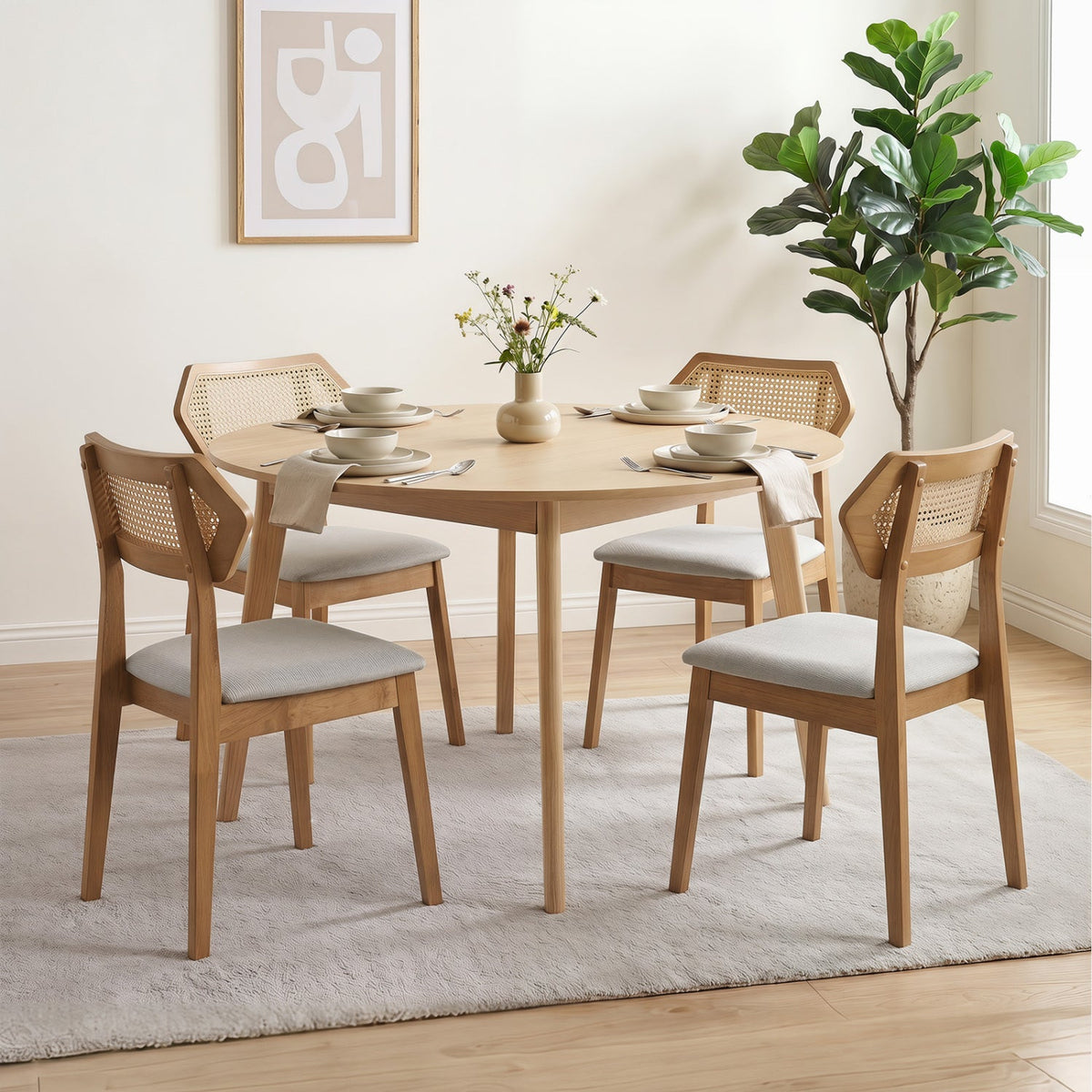 Mid Century Rattan Dining Chairs Set of 2 with Wood Frame 10