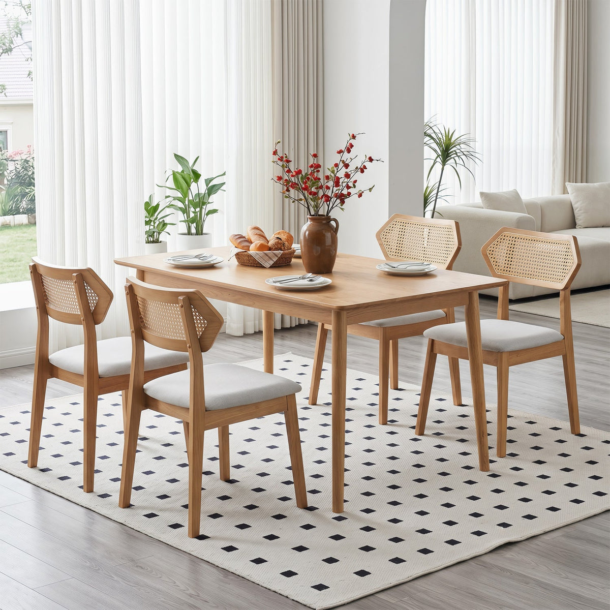 Mid Century Rattan Dining Chairs Set of 2 with Wood Frame 13