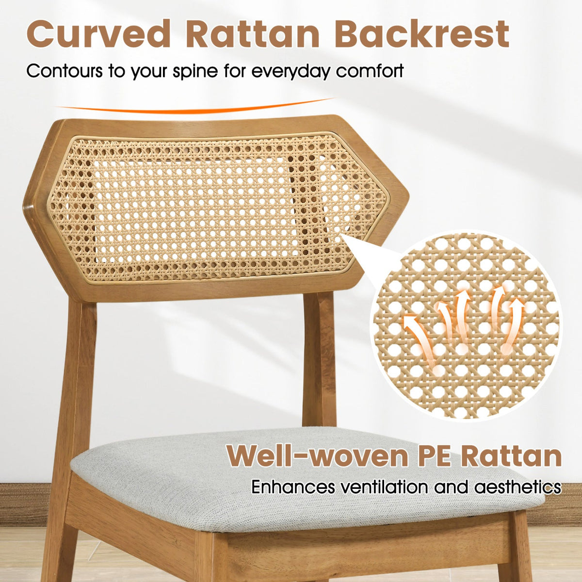 Mid Century Rattan Dining Chairs Set of 2 with Wood Frame 14