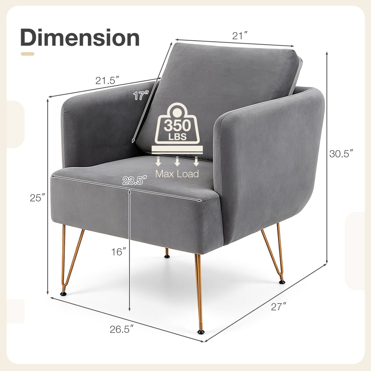 Velvet Accent Chair with Back Cushion and Golden Metal Legs 4