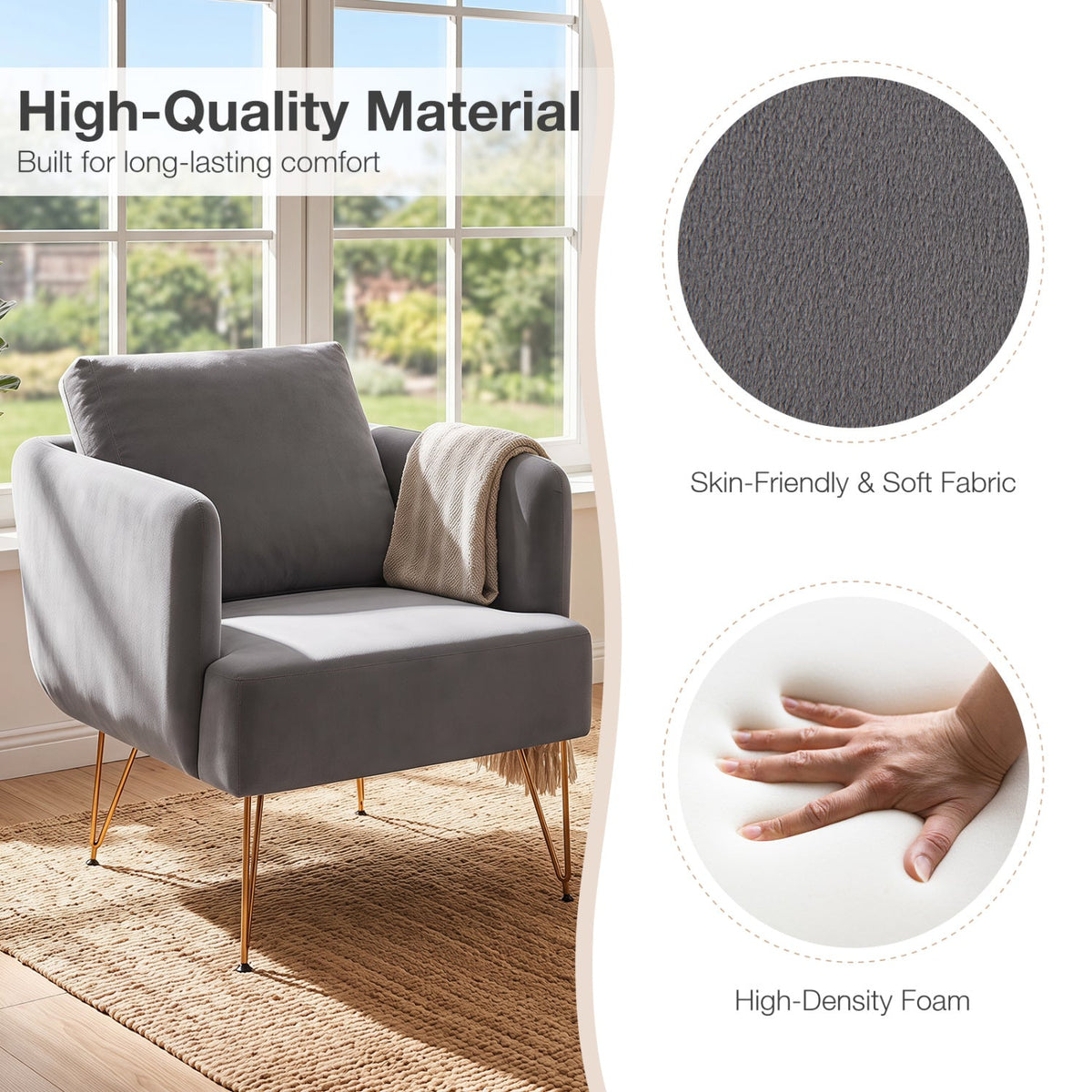Velvet Accent Chair with Back Cushion and Golden Metal Legs 5