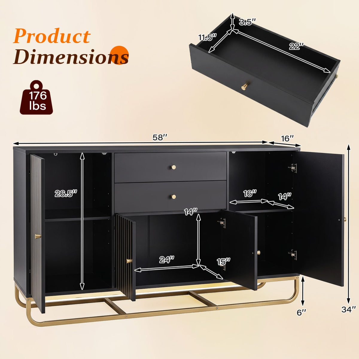 Modern Buffet Sideboard Cabinet with 2 Drawers & Adjustable Shelves 13