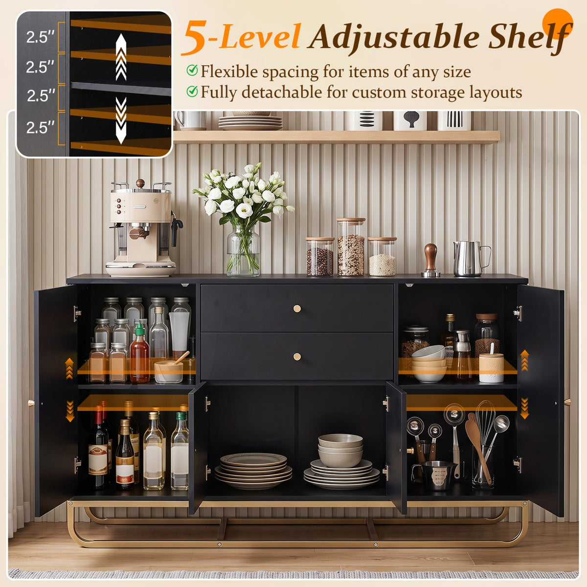Modern Buffet Sideboard Cabinet with 2 Drawers & Adjustable Shelves 16
