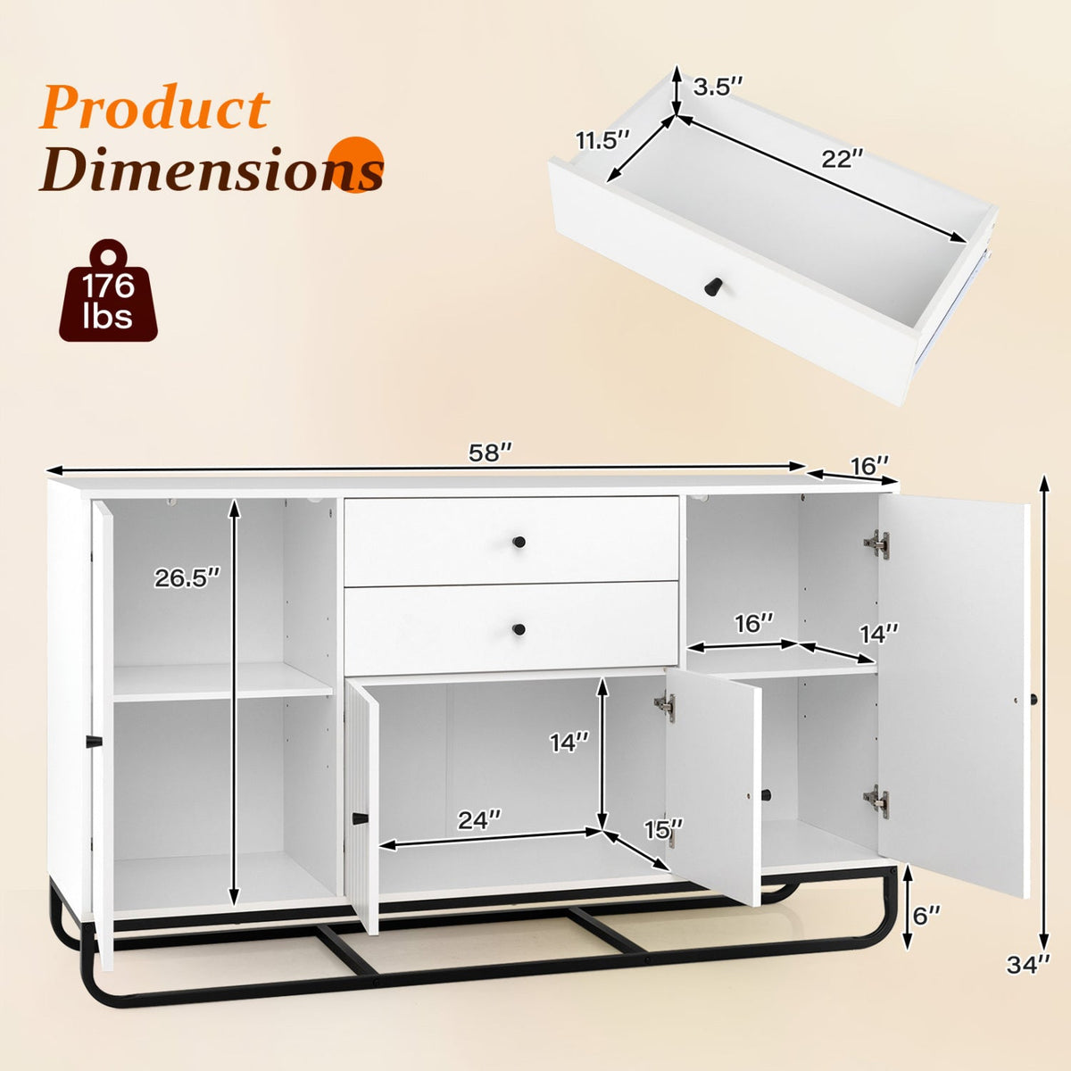 Modern Buffet Sideboard Cabinet with 2 Drawers & Adjustable Shelves 5