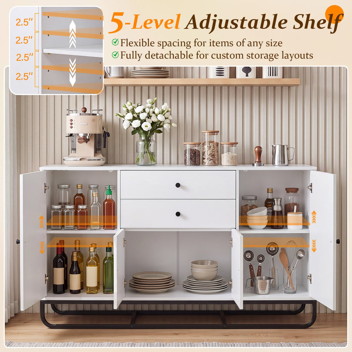 Modern Buffet Sideboard Cabinet with 2 Drawers & Adjustable Shelves 8