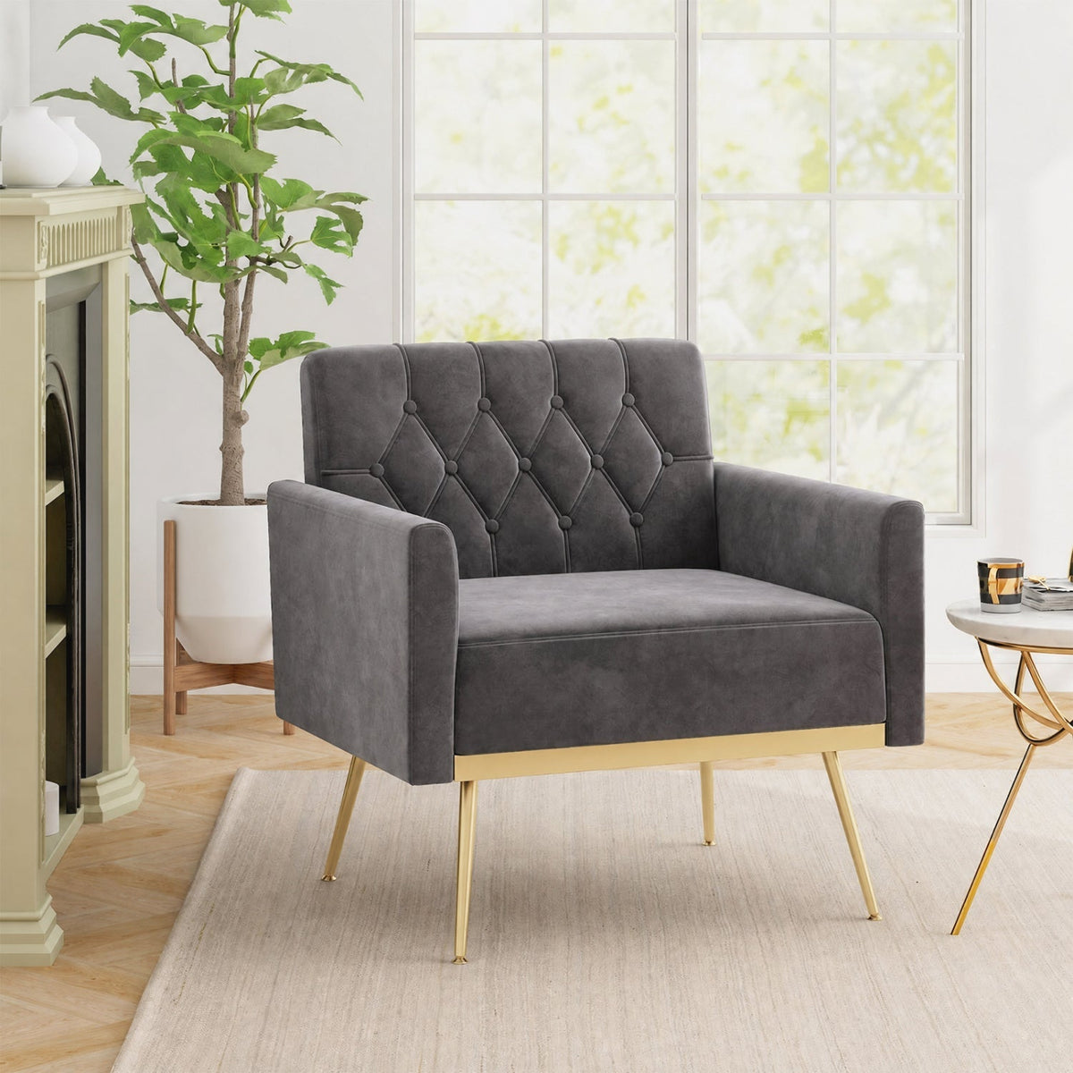 Modern Velvet Upholstered Accent Chair with Button-Tufted Back and Adjustable Feet 1