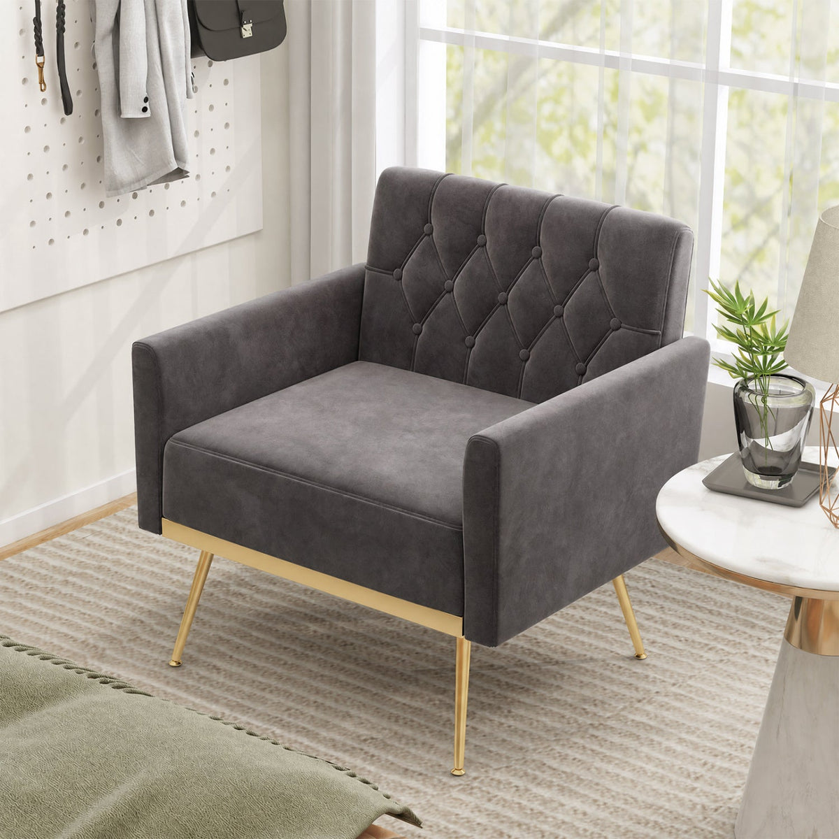 Modern Velvet Upholstered Accent Chair with Button-Tufted Back and Adjustable Feet 2