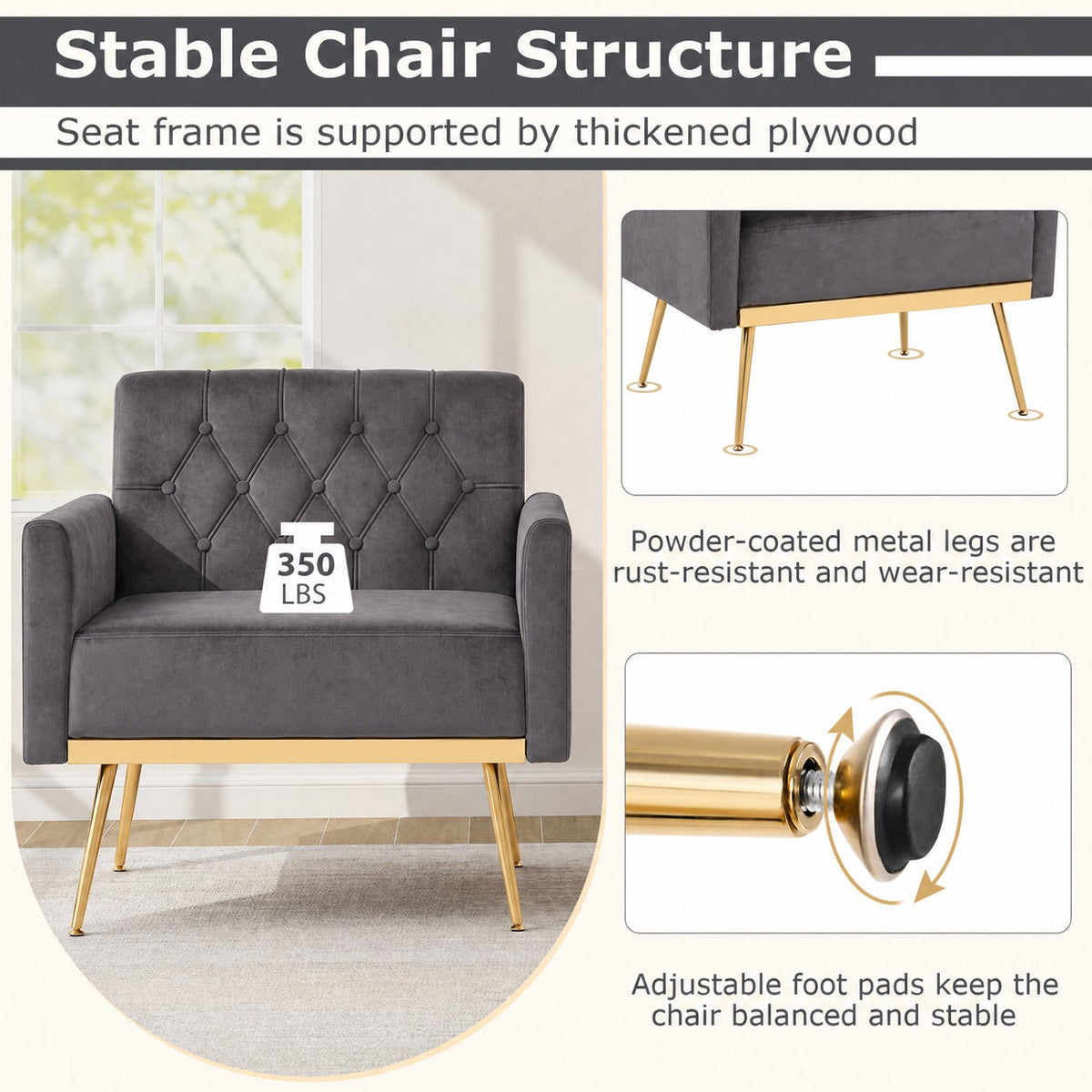 Modern Velvet Upholstered Accent Chair with Button-Tufted Back and Adjustable Feet 5