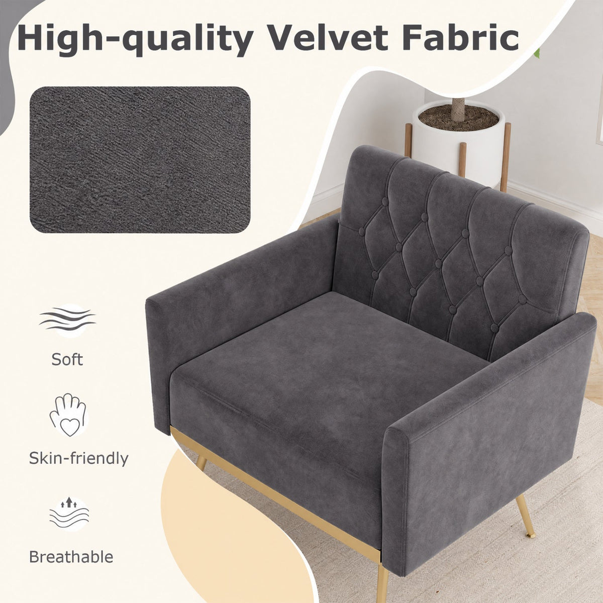 Modern Velvet Upholstered Accent Chair with Button-Tufted Back and Adjustable Feet 6