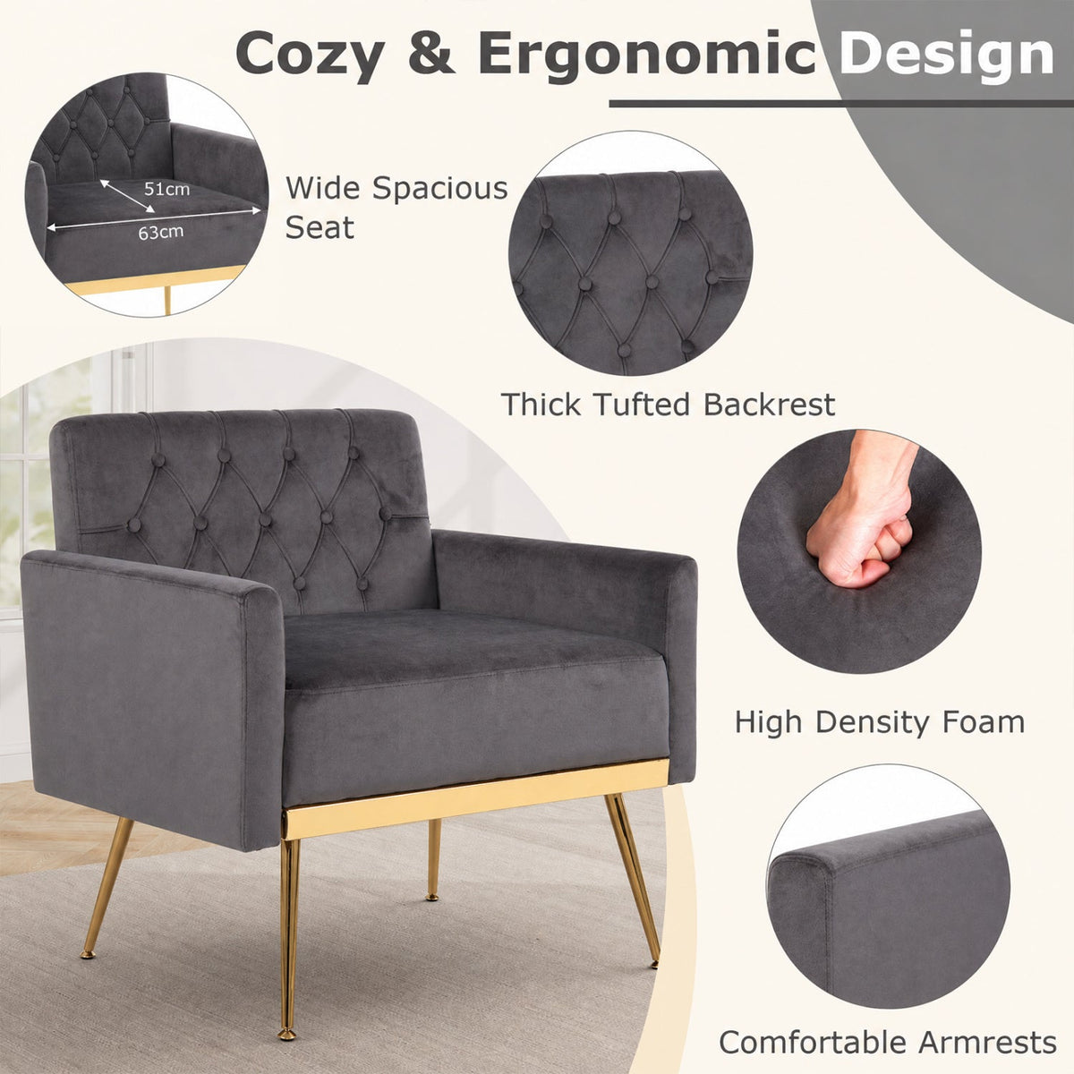 Modern Velvet Upholstered Accent Chair with Button-Tufted Back and Adjustable Feet 8