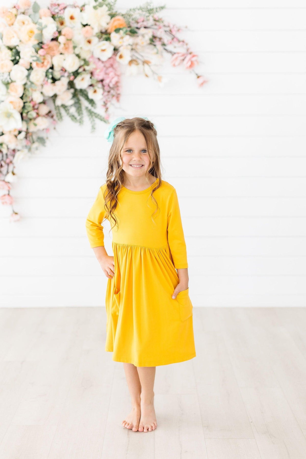 Mustard 3/4 Sleeve Pocket Twirl Dress 3