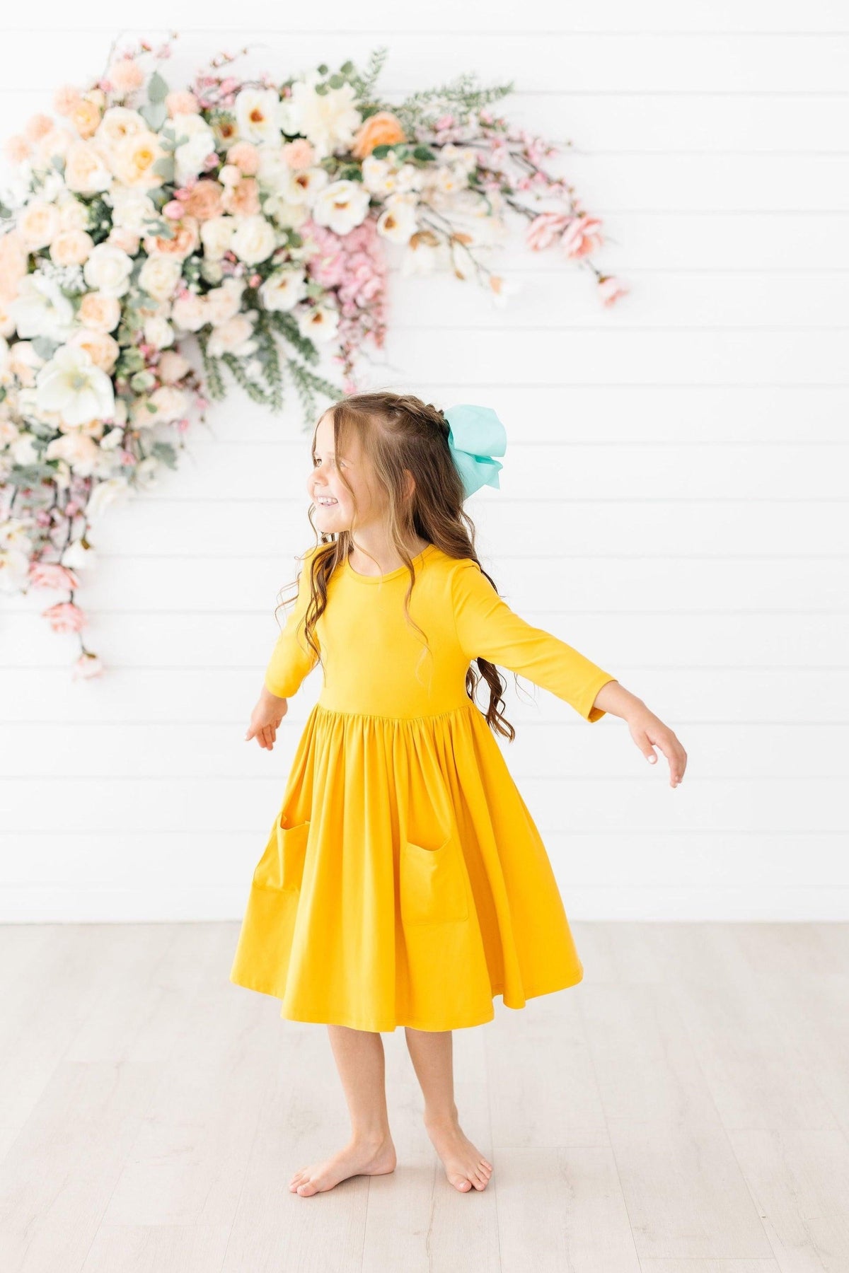 Mustard 3/4 Sleeve Pocket Twirl Dress 1