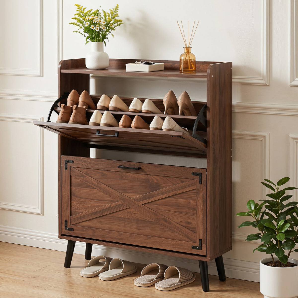 Narrow Shoe Cabinet with Flip Drawers and Adjustable Shelves 1