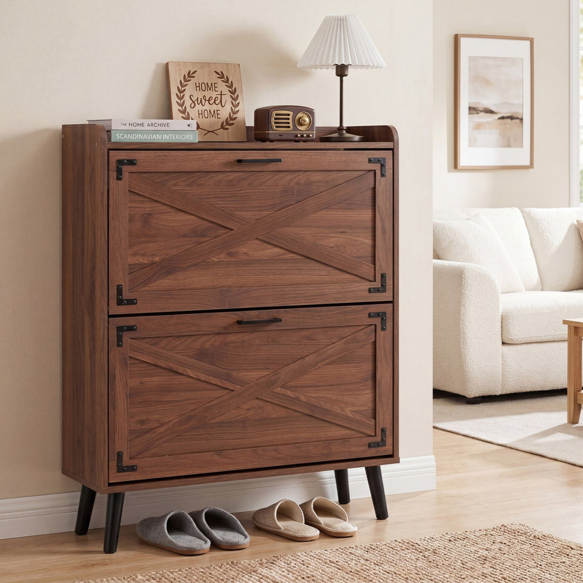 Narrow Shoe Cabinet with Flip Drawers and Adjustable Shelves 2