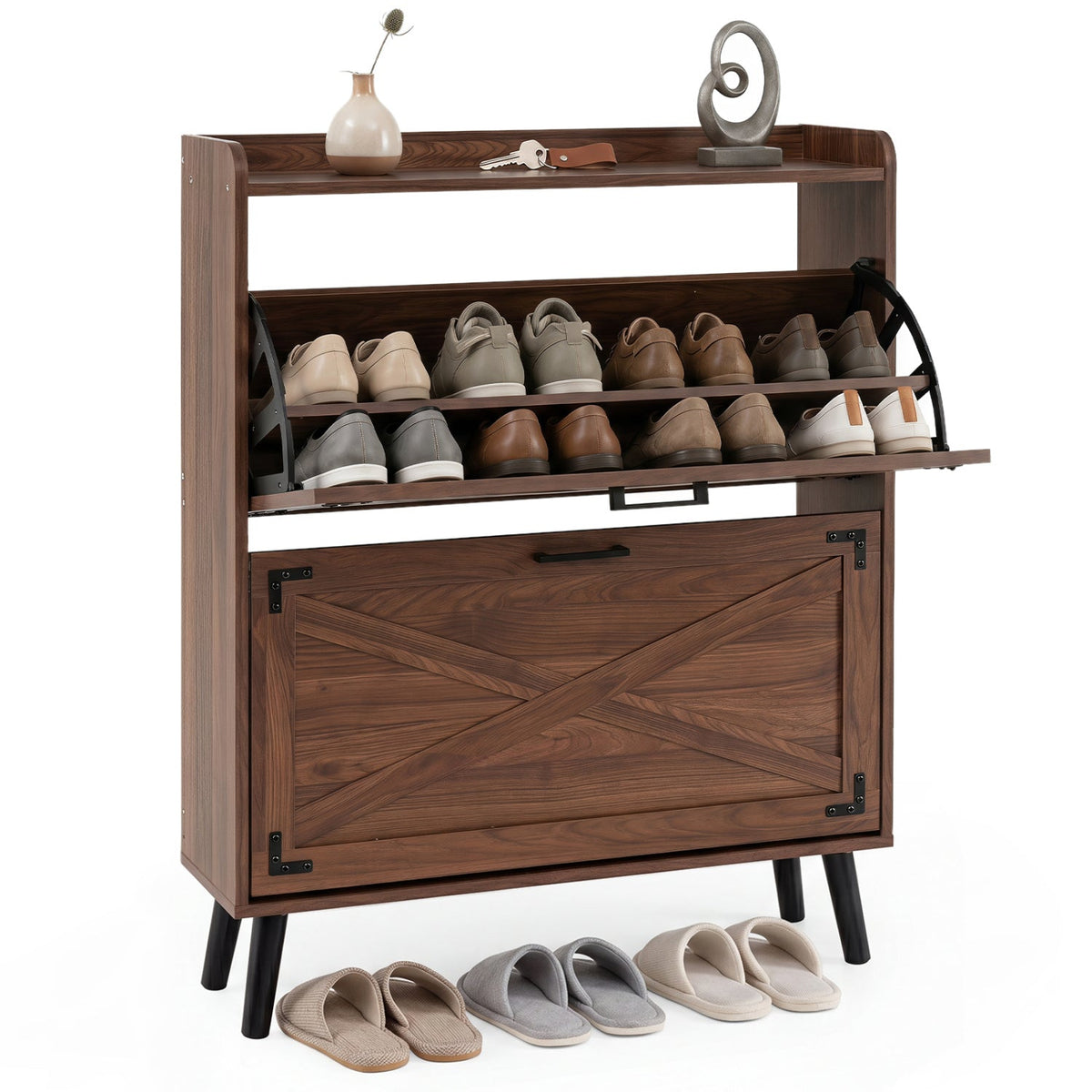 Narrow Shoe Cabinet with Flip Drawers and Adjustable Shelves 4