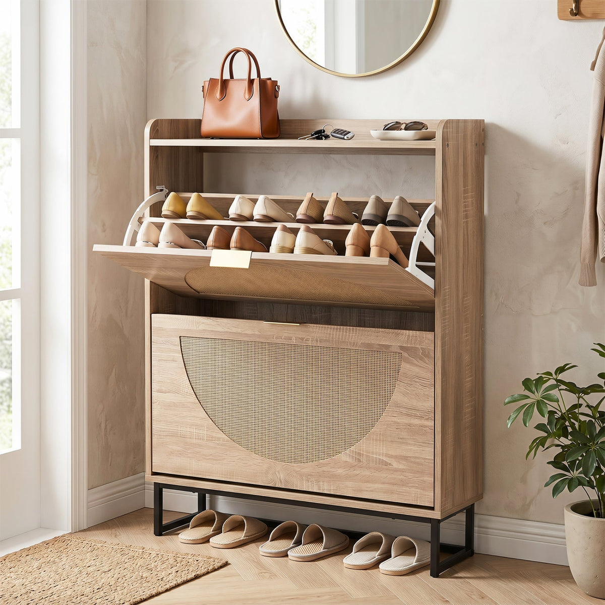 Narrow Shoe Storage Cabinet with Flip Drawers & Shelves 1
