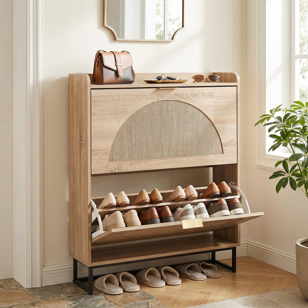 Narrow Shoe Storage Cabinet with Flip Drawers & Shelves 2