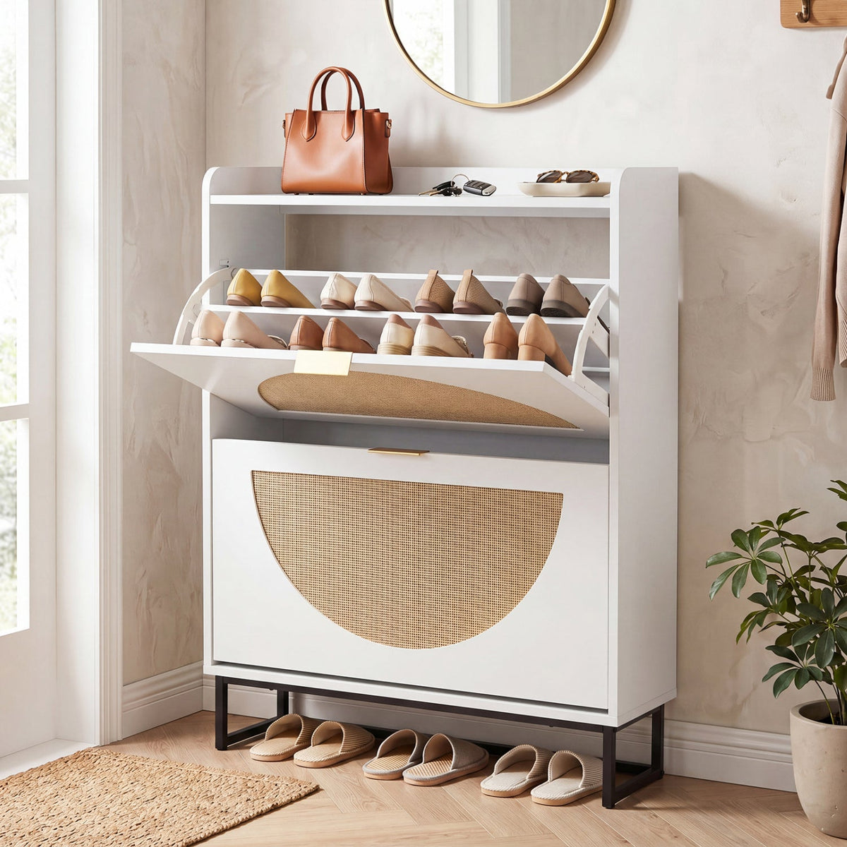 Narrow Shoe Storage Cabinet with Flip Drawers & Shelves 9