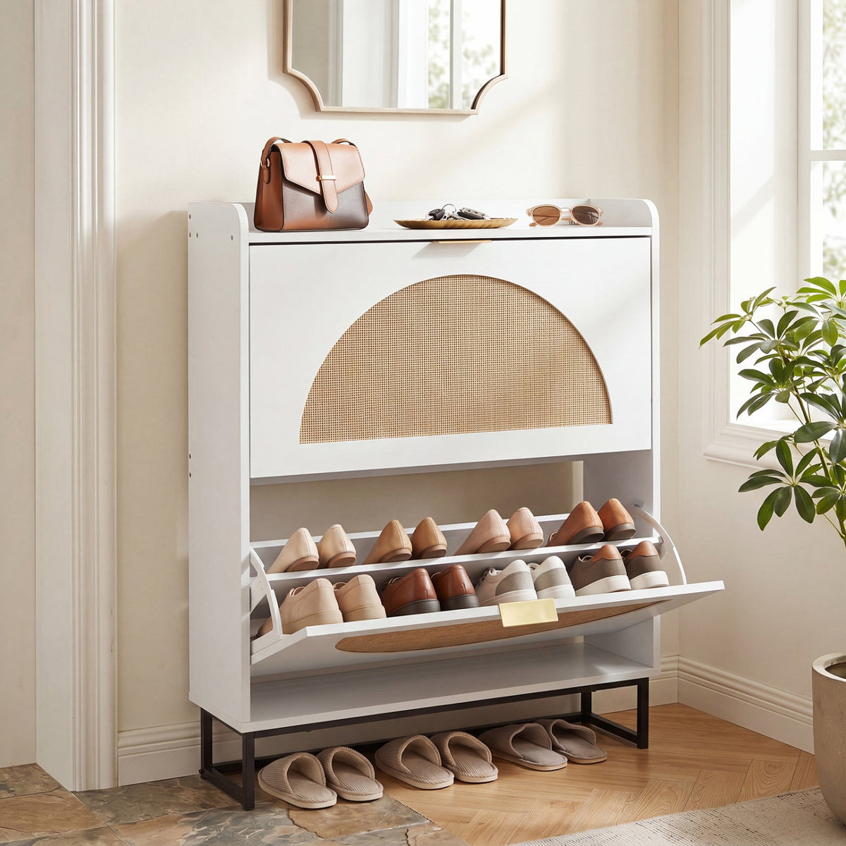 Narrow Shoe Storage Cabinet with Flip Drawers & Shelves 10