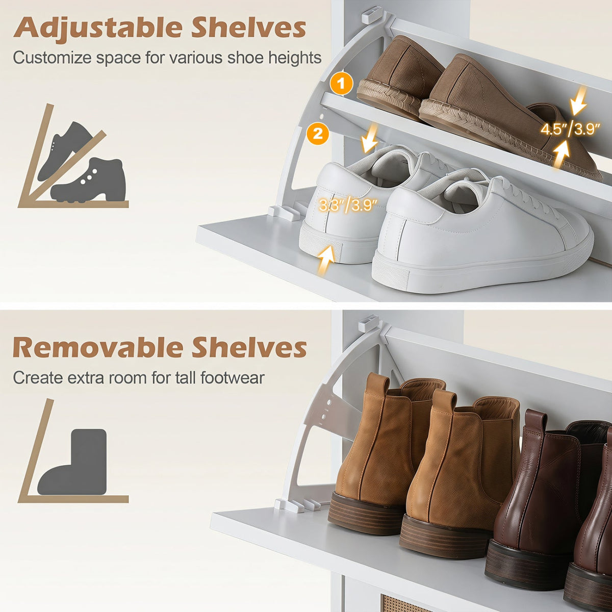 Narrow Shoe Storage Cabinet with Flip Drawers & Shelves 15