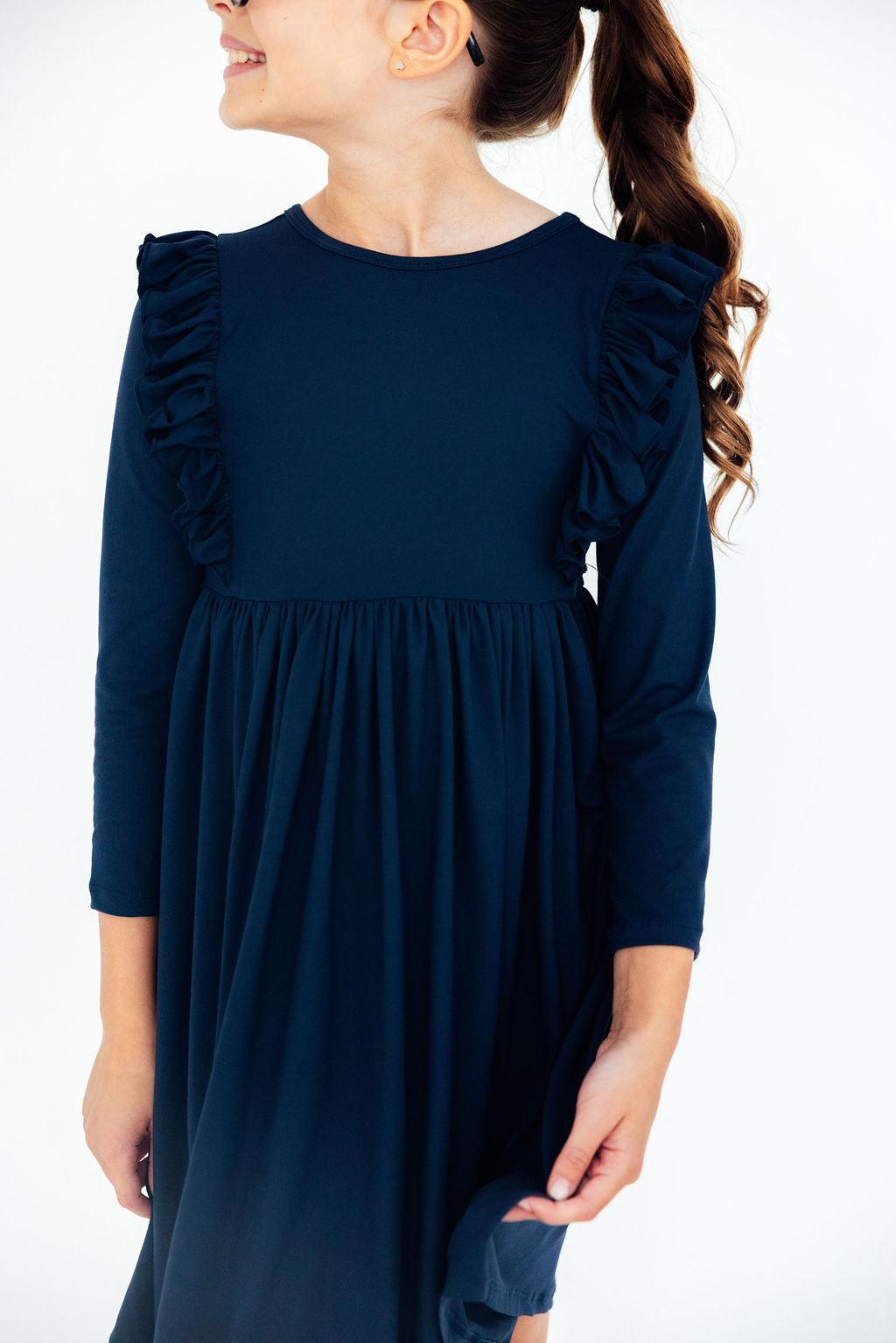 Navy L/S Ruffle Twirl Dress 2
