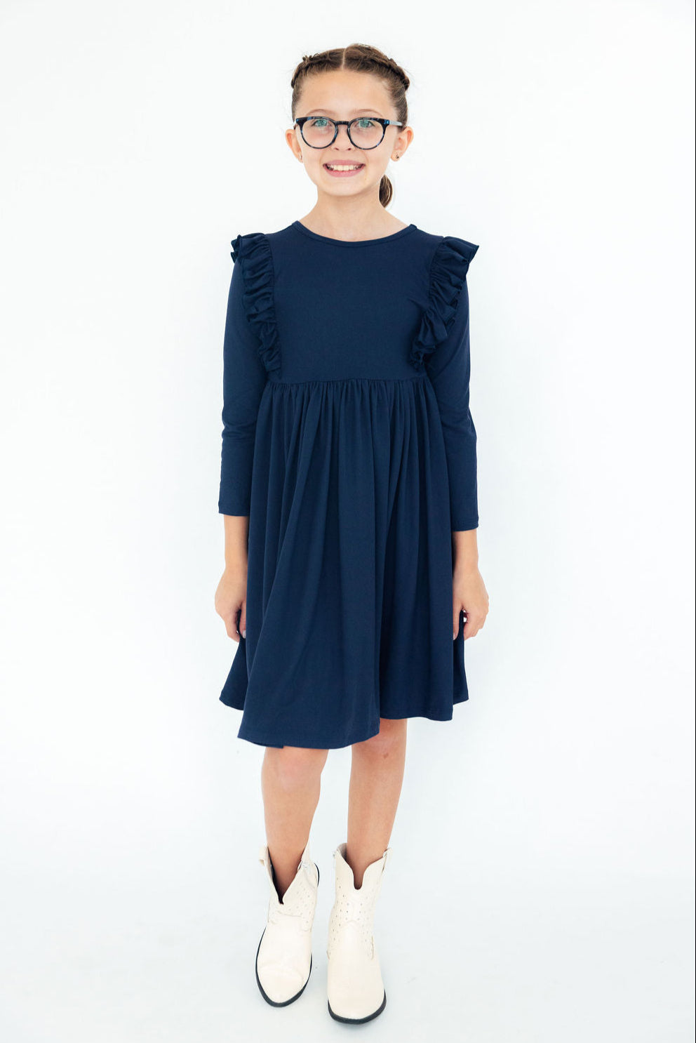 Navy L/S Ruffle Twirl Dress 3