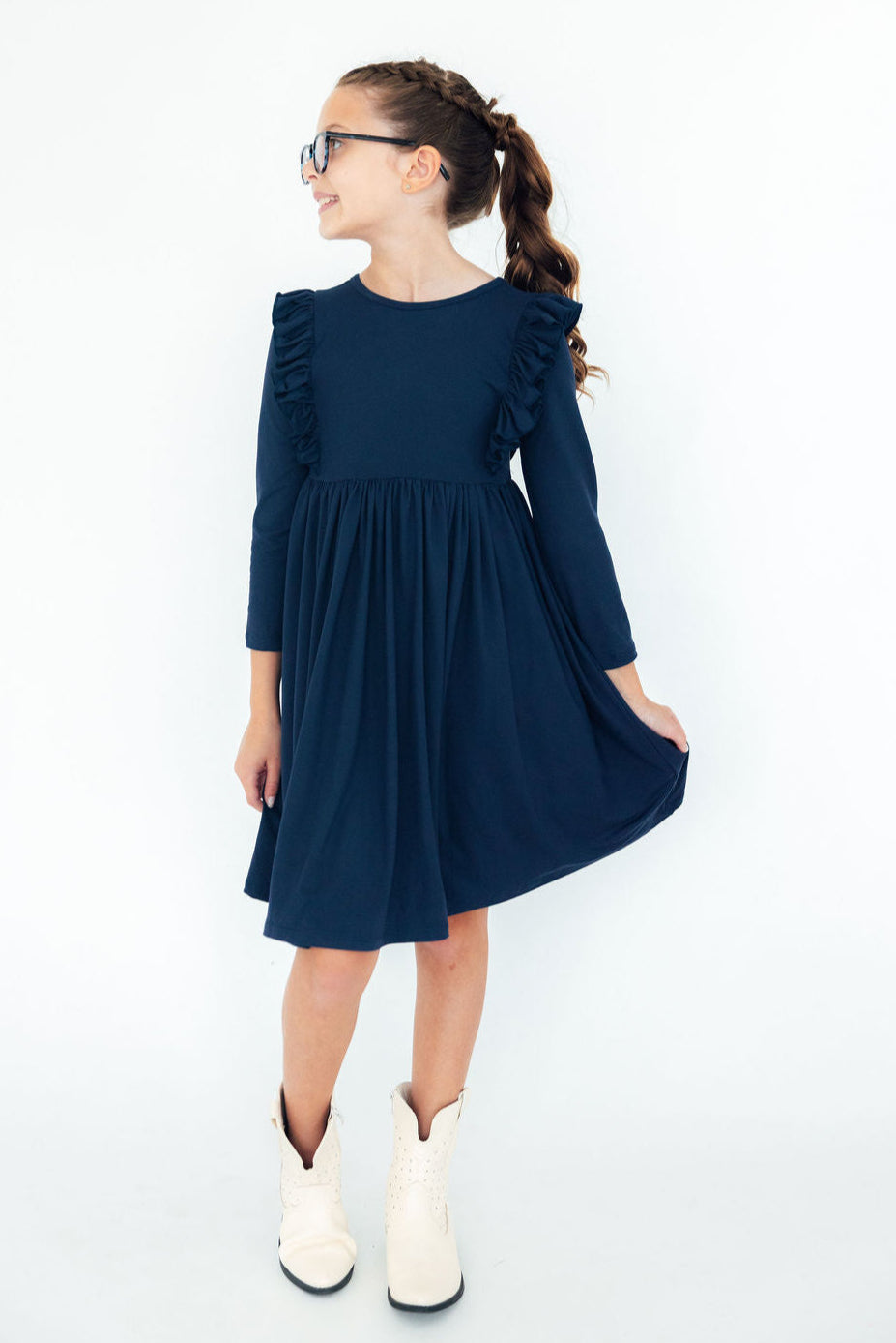 Navy L/S Ruffle Twirl Dress 1