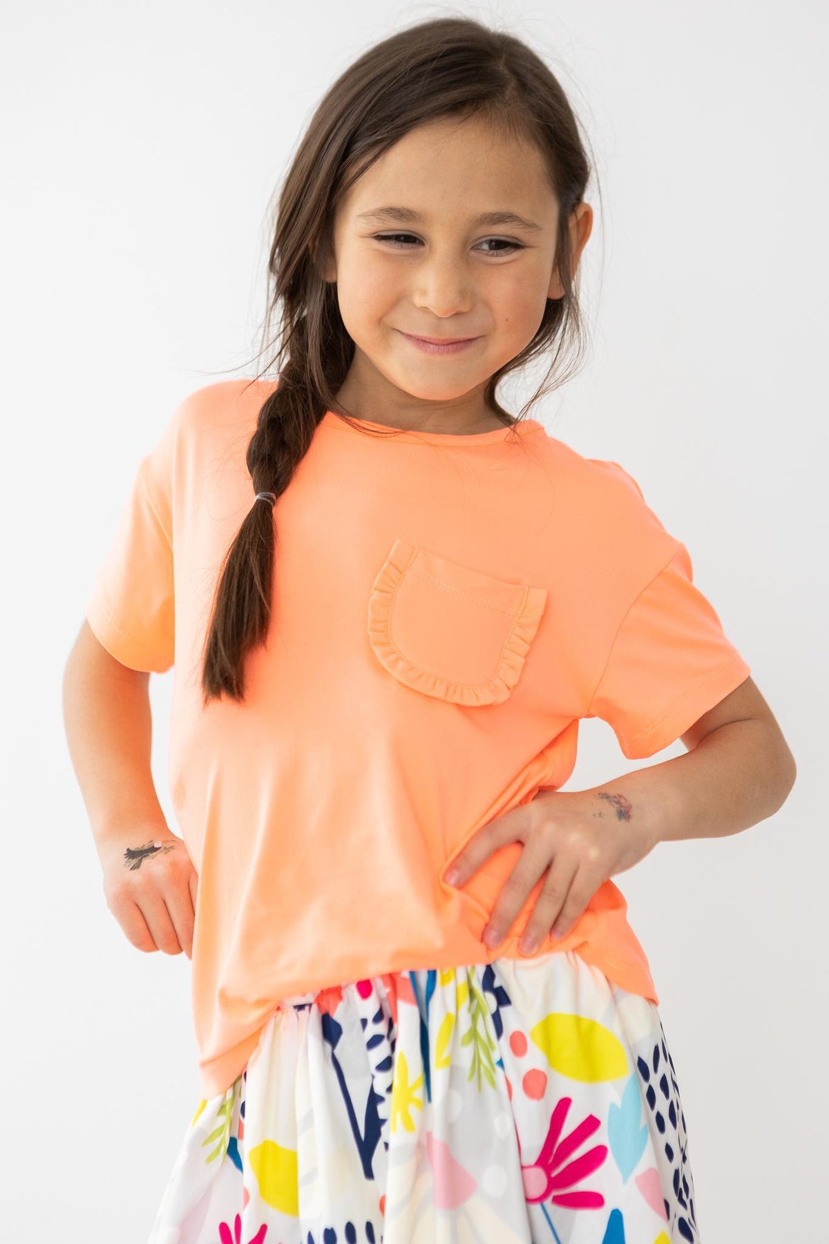 Neon Coral Ruffle Pocket Tee 5