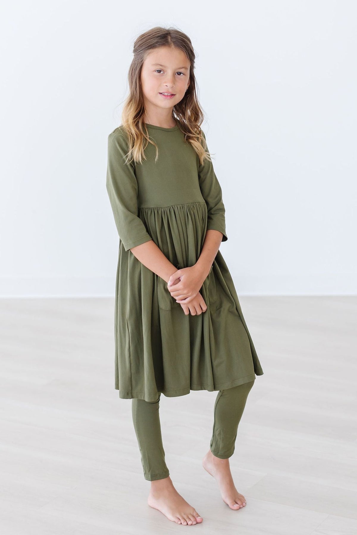 Olive 3/4 Sleeve Pocket Twirl Dress 2
