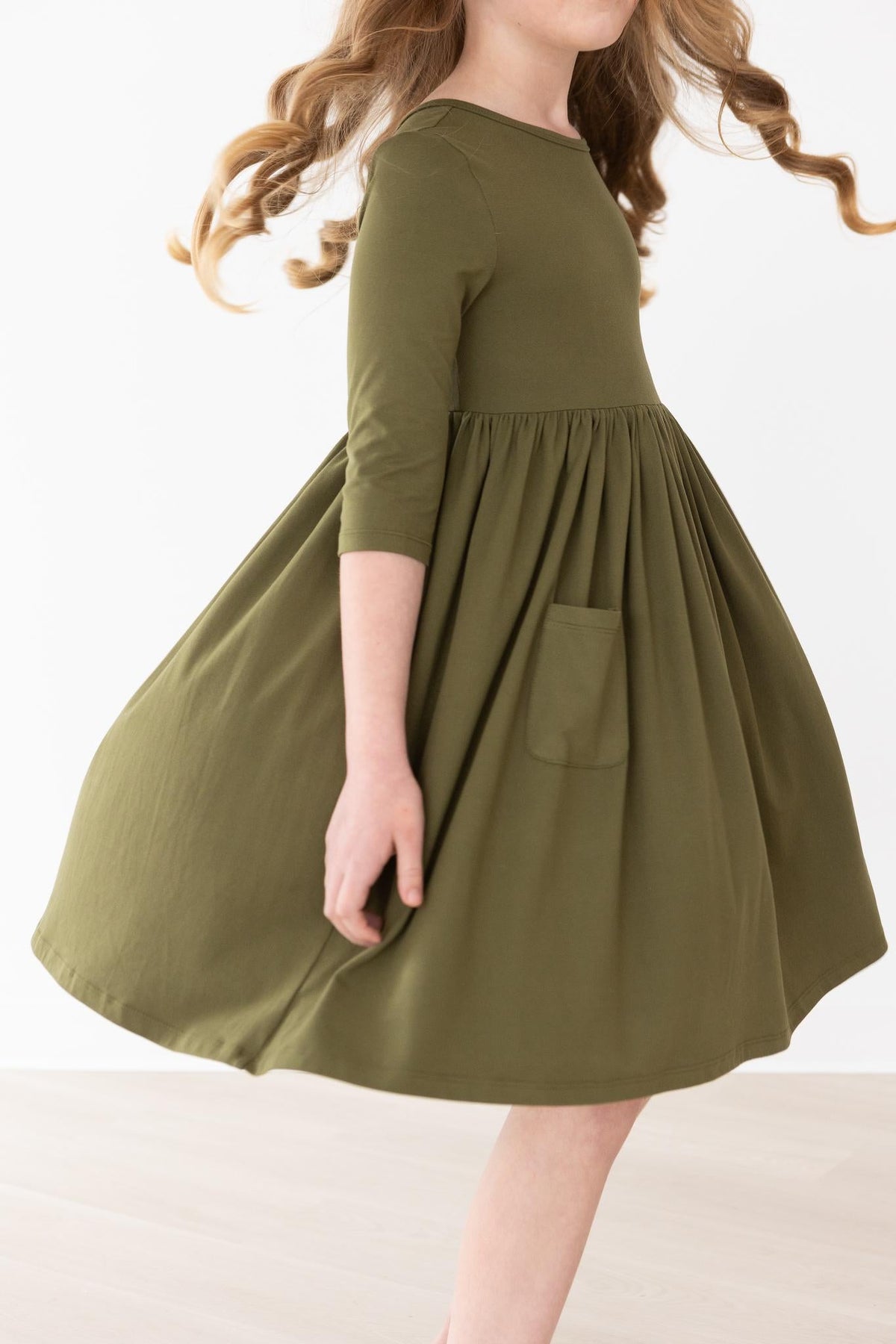 Olive 3/4 Sleeve Pocket Twirl Dress 3