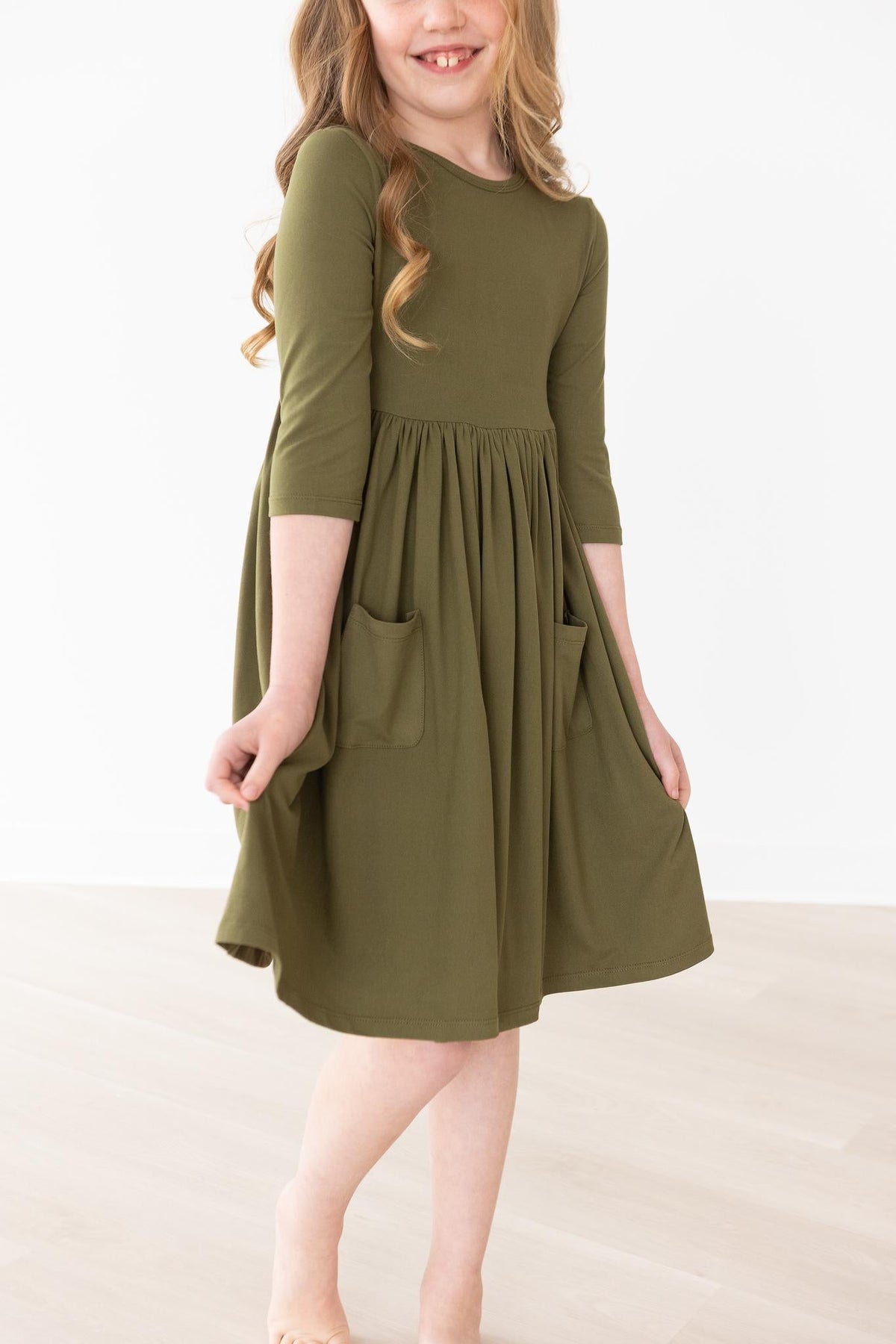 Olive 3/4 Sleeve Pocket Twirl Dress 5