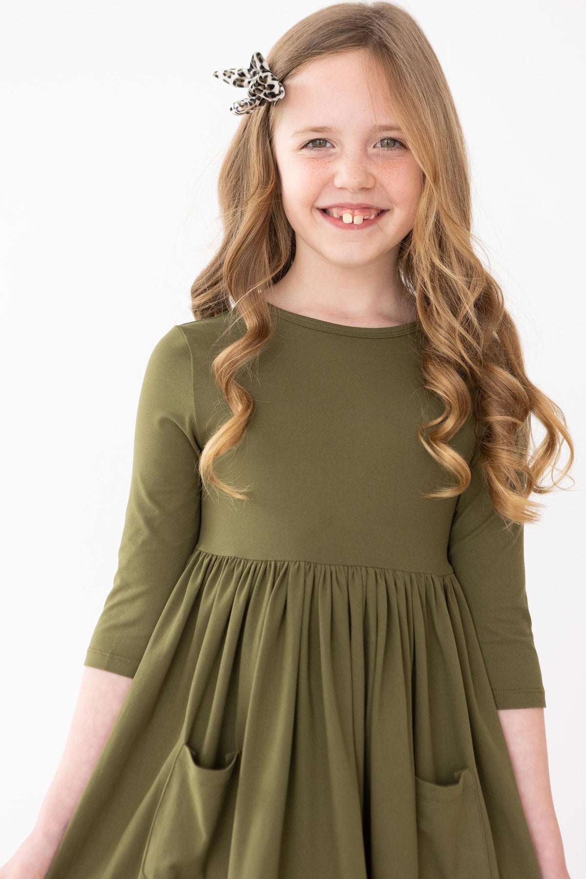 Olive 3/4 Sleeve Pocket Twirl Dress 1