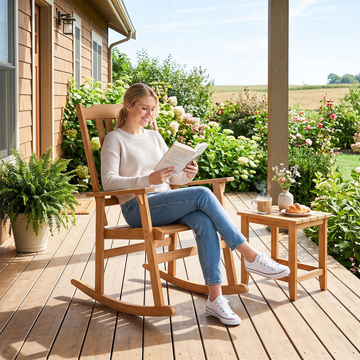 Acacia Wood Rocking Chair with High Back for Patio 1